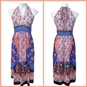 EUC Maggy London Dress Women Size 6 Multi Color Zip Halter Neck Tie Lined Floral